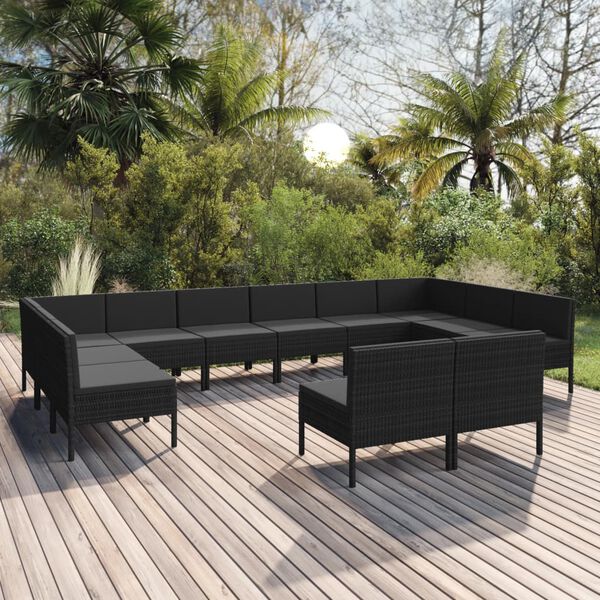 vidaXL Set muebles de jard&iacute;n 12 pzas y cojines rat&aacute;n sint&eacute;tico negro