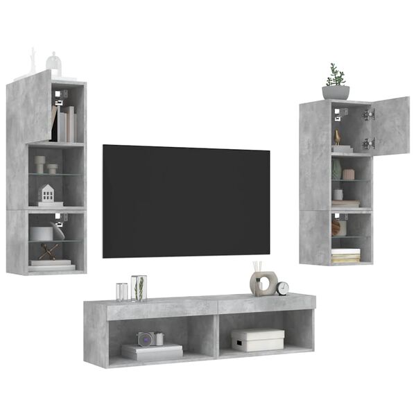 vidaXL Muebles TV pared con LED 6 pzas madera ingenier&iacute;a gris hormig&oacute;n