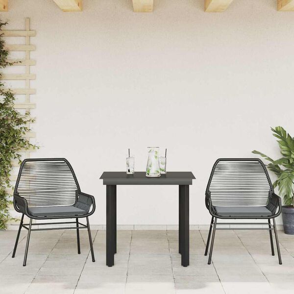 vidaXL Set comedor jard&iacute;n 3 pzas cojines rat&aacute;n sint&eacute;tico vidrio negro