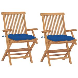 vidaXL Sillas plegables con cojines azules, 2 unidades, madera maciza de teca.