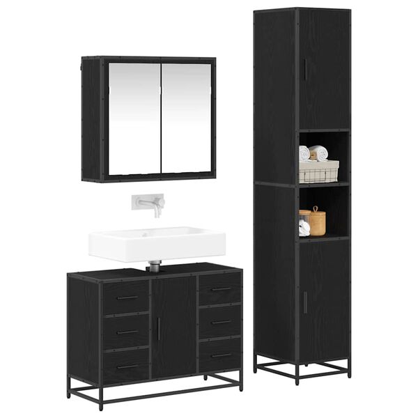 vidaXL Juego de muebles de ba&ntilde;o 3 pcs Roble Negro Madera de ingenier&iacute;a