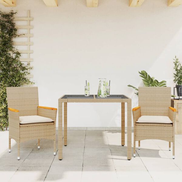 vidaXL Set comedor jardín 3 pzas cojines ratán sintético vidrio beige