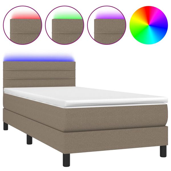 vidaXL Cama box spring colch&oacute;n y luces LED tela gris taupe 90x190 cm