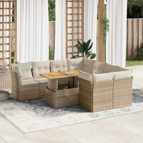 vidaXL Set de sof&aacute;s de jard&iacute;n con cojines 9 pzas rat&aacute;n sint&eacute;tico beige