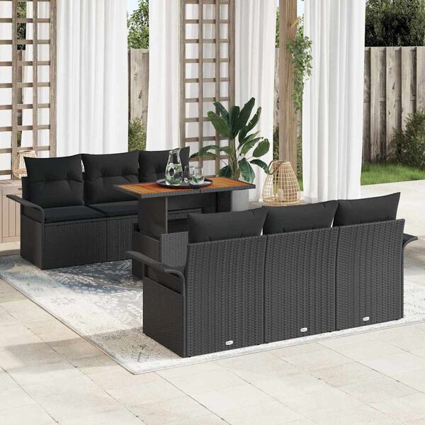 vidaXL Conjunto de sof&aacute; de jard&iacute;n con coj&iacute;n 7 pcs Negro