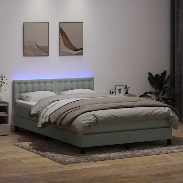 vidaXL Cama box spring con colch&oacute;n y LED terciopelo gris claro 160x210 cm
