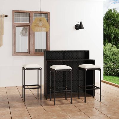 vidaXL Set muebles de bar para jardín 4 piezas y cojines negro