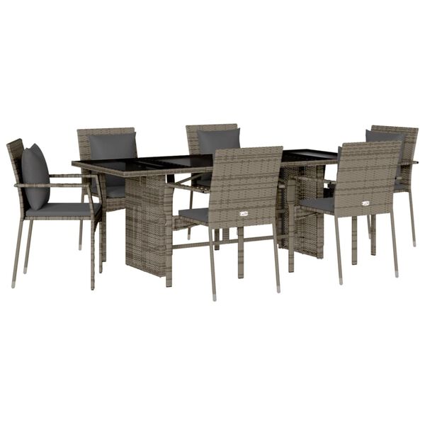 vidaXL Set comedor jard&iacute;n 7 pzas y cojines rat&aacute;n sint&eacute;tico gris