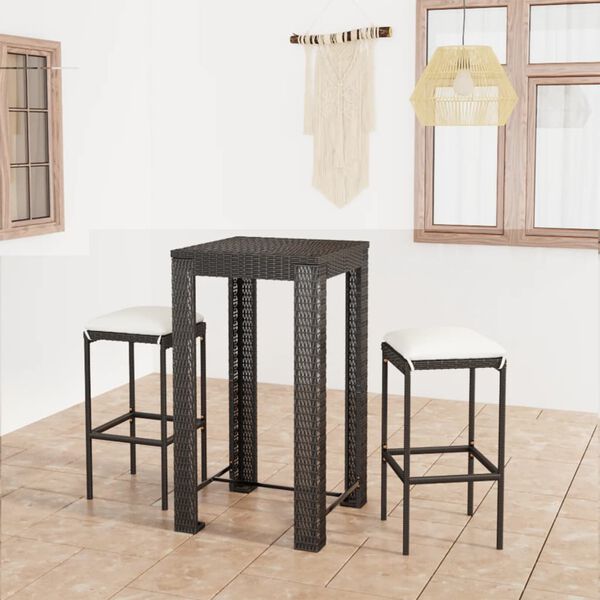 vidaXL Set muebles bar jardín 3 piezas y cojines ratán sintético negro