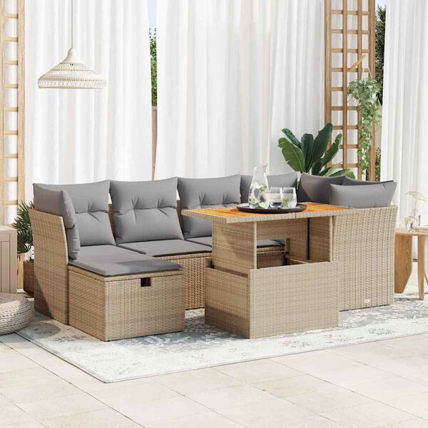 vidaXL Set sof&aacute;s jard&iacute;n y cojines 7 pzas rat&aacute;n sint&eacute;tico acacia beige