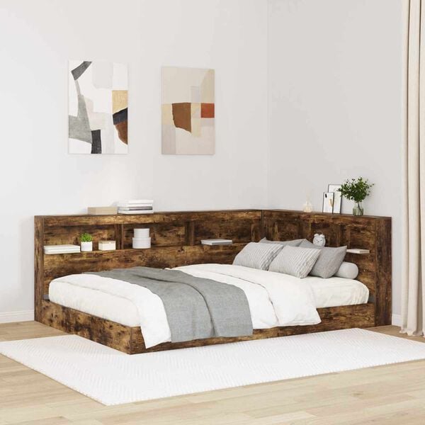 vidaXL Cama con Estanter&iacute;a con cabecera Roble ahumado 140 x 200 cm