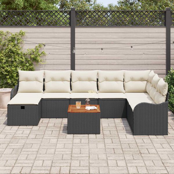 vidaXL Conjunto de sof&aacute; de jard&iacute;n con coj&iacute;n 9 pcs Negro Polirat&aacute;n