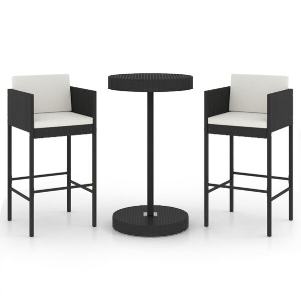 vidaXL Set muebles bar jardín 3 piezas y cojines ratán sintético negro