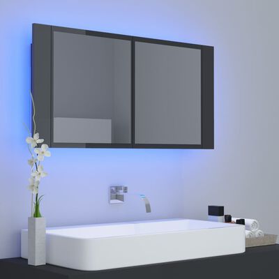 vidaXL Armario espejo de baño luz LED acrílico gris brillo 90x12x45 cm