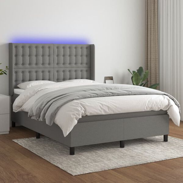 vidaXL Cama box spring colch&oacute;n y luces LED tela gris oscuro 140x200 cm