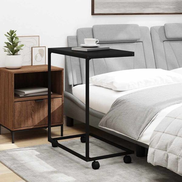 vidaXL Mesa auxiliar con ruedas madera de ingenier&iacute;a negra 55x35x70 cm