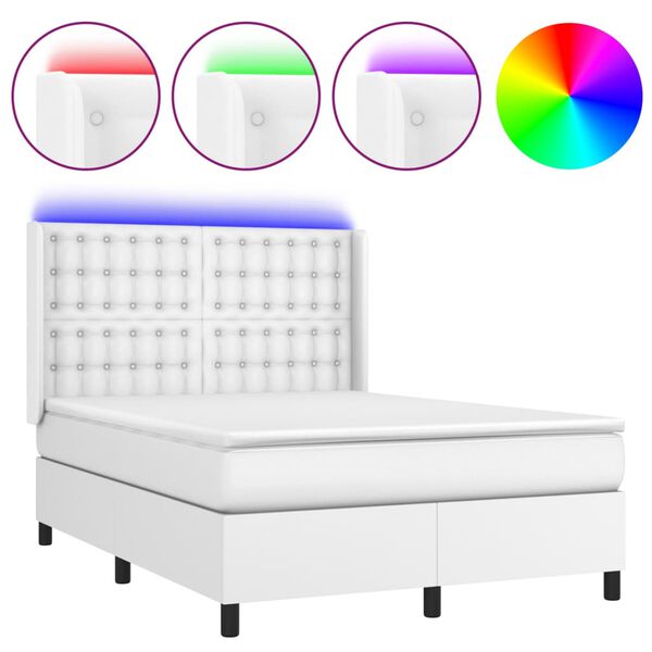 vidaXL Cama box spring colch&oacute;n y LED cuero sint&eacute;tico blanco 140x200 cm