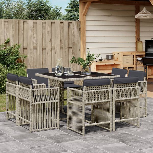 vidaXL Set comedor de jard&iacute;n 9 pzas cojines rat&aacute;n sint&eacute;tico gris claro