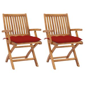 vidaXL Sillas plegables (2 unidades) con cojines rojos, de madera maciza de teca.
