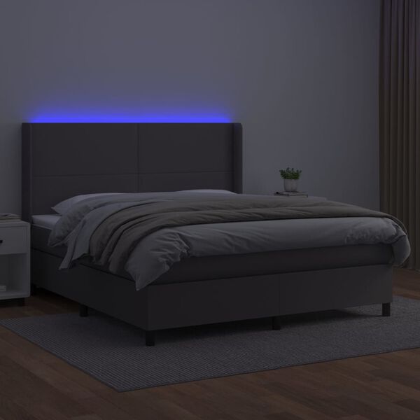 vidaXL Cama box spring colch&oacute;n y LED cuero sint&eacute;tico gris 180x200 cm