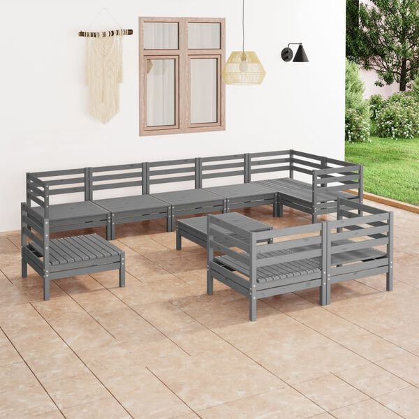 vidaXL Juego de muebles de jard&iacute;n 10 piezas madera maciza de pino gris