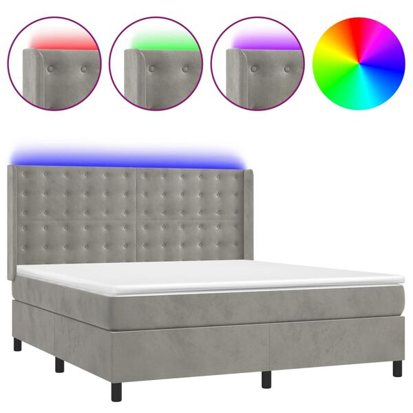 vidaXL Cama box spring colch&oacute;n y LED terciopelo gris claro 180x200 cm