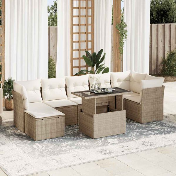 vidaXL Set de sof&aacute;s de jard&iacute;n y cojines 8 piezas rat&aacute;n sint&eacute;tico beige