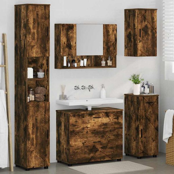 vidaXL Juego de muebles de ba&ntilde;o con caj&oacute;n 5 pcs Roble ahumado