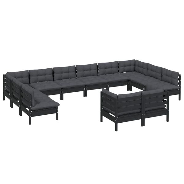 vidaXL Muebles de jard&iacute;n 12 pzas y cojines negro madera maciza de pino
