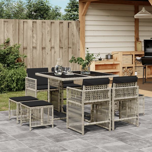vidaXL Set comedor de jard&iacute;n 9 pzas cojines rat&aacute;n sint&eacute;tico gris claro