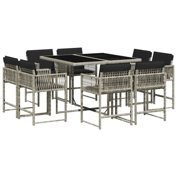 vidaXL Set comedor de jard&iacute;n 9 pzas cojines rat&aacute;n sint&eacute;tico gris claro