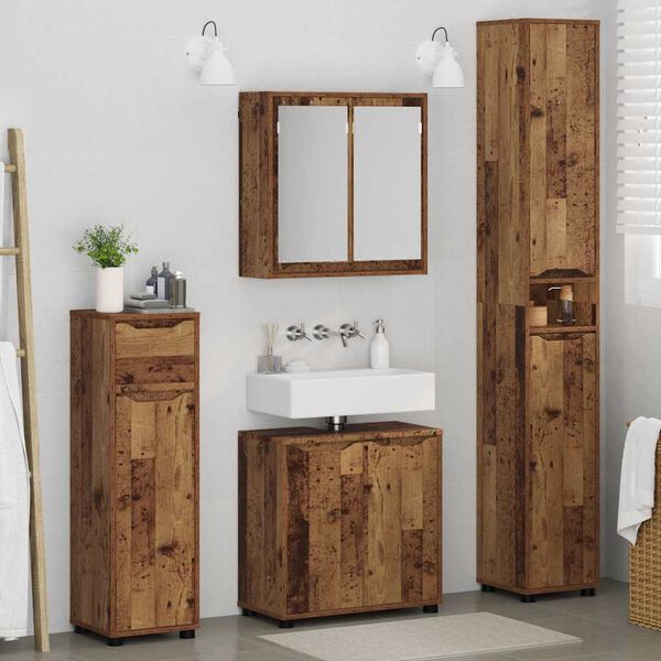 vidaXL Juego de muebles de ba&ntilde;o con caj&oacute;n con rueda 4 pcs Madera Vieja