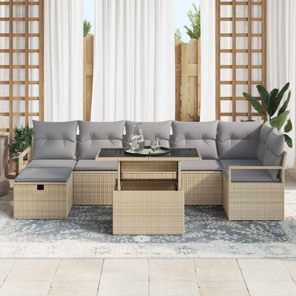 vidaXL Conjunto de sof&aacute; de jard&iacute;n con coj&iacute;n 8 pcs Beige Polirat&aacute;n
