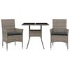 vidaXL Set comedor jard&iacute;n 3 pzas y cojines rat&aacute;n sint&eacute;tico vidrio gris
