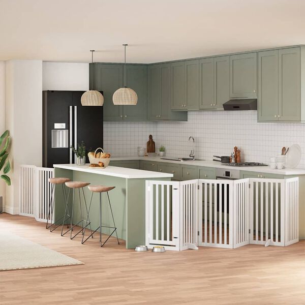 vidaXL Puerta para perros plegable 9 paneles madera &aacute;lamo blanca 450cm