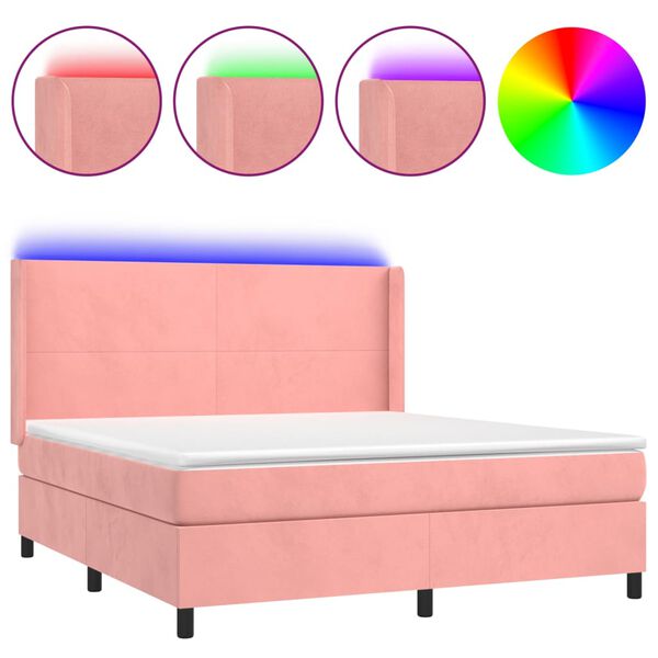 vidaXL Cama box spring colch&oacute;n y LED terciopelo rosa 180x200 cm