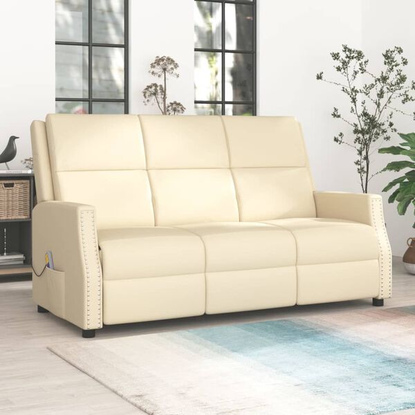 vidaXL Sillón reclinable de masaje de 3 plazas cuero sintético crema