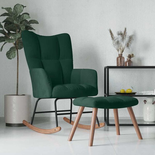 vidaXL Silla mecedora con reposapiés terciopelo verde oscuro
