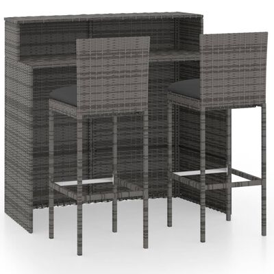 vidaXL Juego muebles de bar para jardín 3 piezas y cojines gris