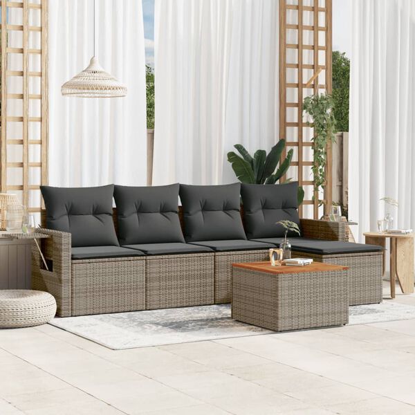vidaXL Set de muebles de jard&iacute;n 6 pzas y cojines rat&aacute;n sint&eacute;tico gris