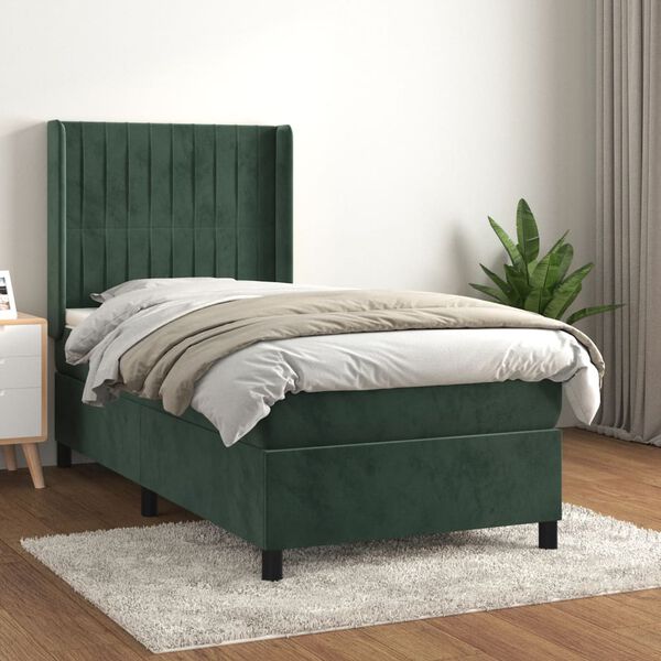 vidaXL Cama box spring con colch&oacute;n terciopelo verde oscuro 90x190 cm