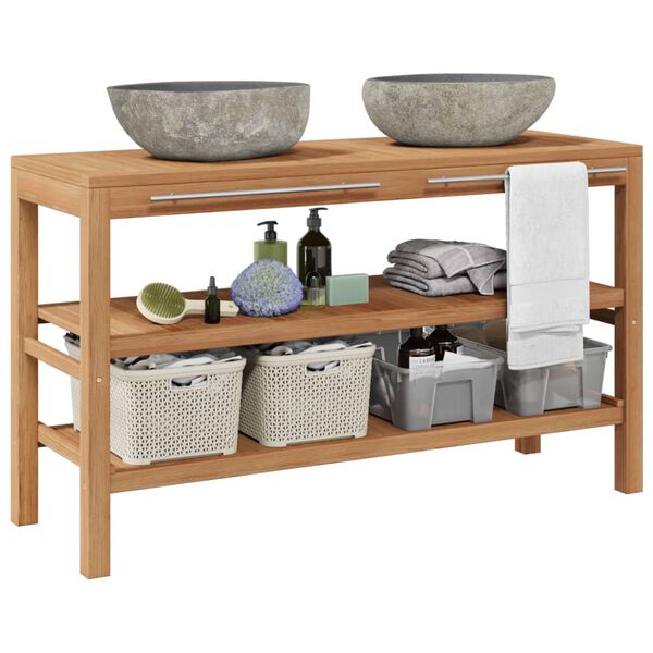 vidaXL Mueble tocador madera teca maciza con lavabos de piedra de r&iacute;o