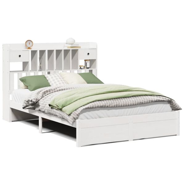 vidaXL Cama con estanter&iacute;a sin colch&oacute;n madera maciza blanca 140x190 cm