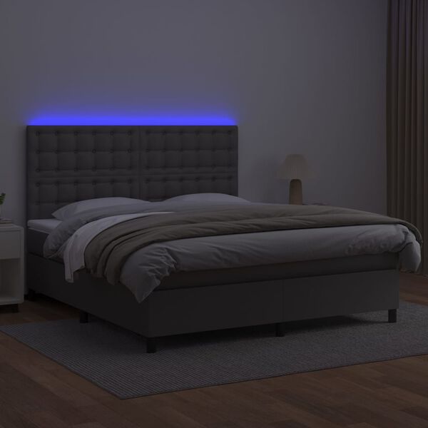 vidaXL Cama box spring colch&oacute;n y LED cuero sint&eacute;tico gris 180x200 cm