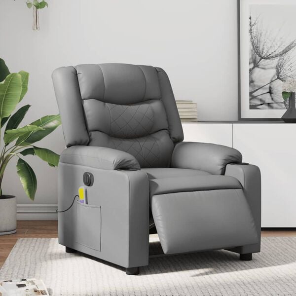 vidaXL Sill&oacute;n de masaje reclinable el&eacute;ctrico cuero sint&eacute;tico gris