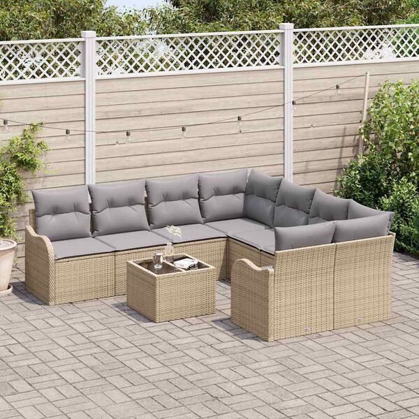 vidaXL Conjunto de sof&aacute; de jard&iacute;n Manual 9 pcs Beige rat&aacute;n sint&eacute;tico