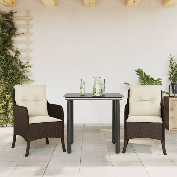 vidaXL Set comedor de jard&iacute;n 3 piezas y cojines rat&aacute;n sint&eacute;tico marr&oacute;n