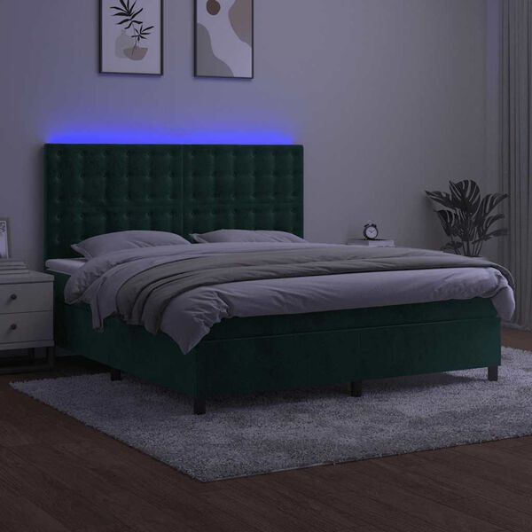 vidaXL Cama box spring colch&oacute;n y LED terciopelo verde oscuro 160x200cm