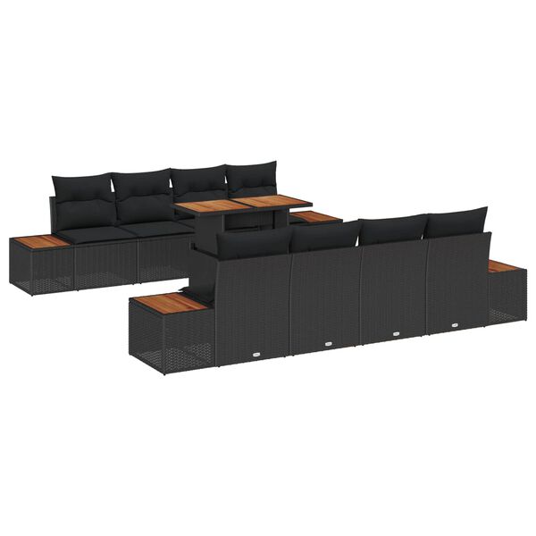 vidaXL Conjunto de sof&aacute; de jard&iacute;n 9 pcs Negro Polirat&aacute;n