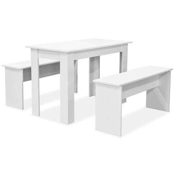 vidaXL Mesa de comedor y bancos 3 piezas madera contrachapada blanca